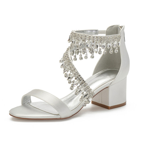 Block Heels Satin Crystals Tassels Wedding Sandals for Bride Open Toe Zipper Back Prom Evening Formal Party Dress Sandals Summer ► Photo 1/6