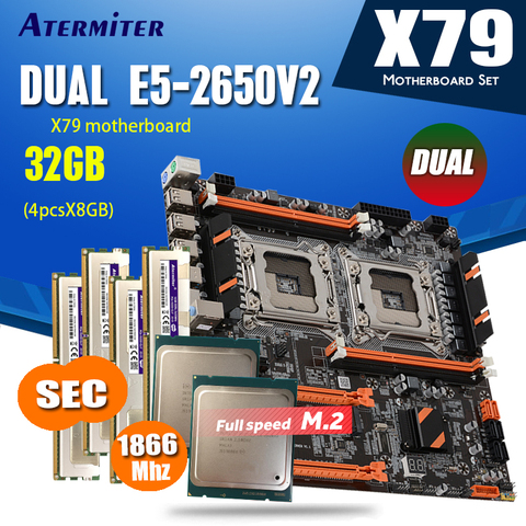 atermiter X79 Dual CPU motherboard 2 × Xeon E5 2650 V2 E5 2650V2 heat sink 4 × 8GB = 32GB 1866MHz PC3 14900 DDR3 ECC REG memory ► Photo 1/5