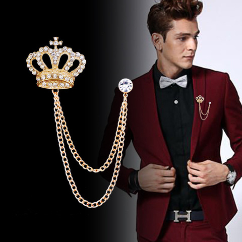 Korean Luxury Rhinestone Crown Brooch Pin Tassel Lapel Pins Suit Shirt Collar Badge Corsage Brooches for Men Jewelry Accessories ► Photo 1/6