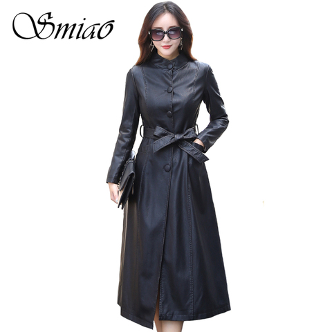 2022 Fashion X-Long Autumn Womens Black Leather Jacket Winter Plus Size 5XL Single Breasted Faux Leather Coat Female Windbreaker ► Photo 1/6