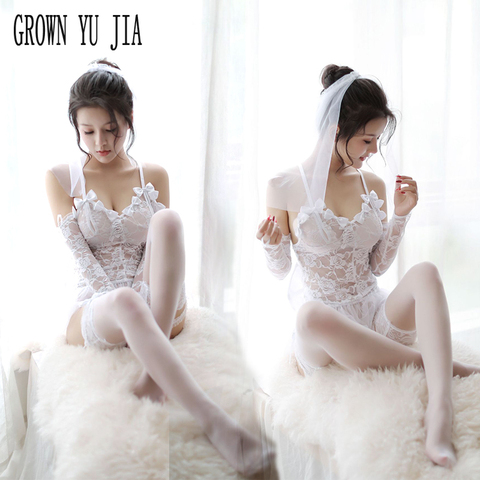 Sexy Women Babydoll Erotic white Bride Wedding Dress Cosplay Porn Lace sling Lingerie Stockings set Bride uniforms sex Costumes ► Photo 1/6