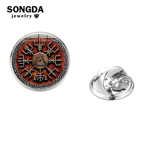 SONGDA Vegvisir Viking Compass Collar Pins Badges Retro Runic Printed Glass Dome Brooches Odin 's Symbol of Norse Viking Warrior ► Photo 1/6