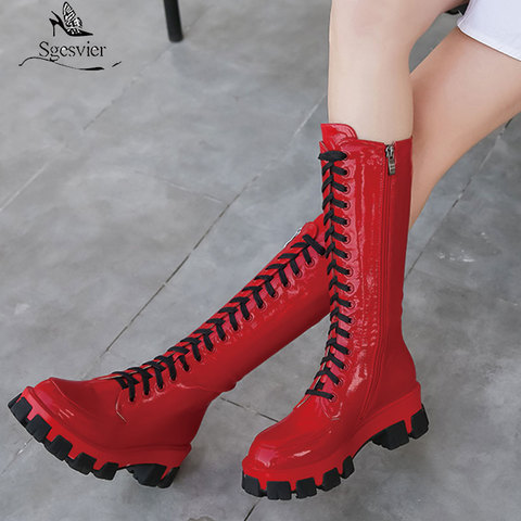 Sgesvier 2022 New arrival brand boots women lace up round toe platform knee high boots fashion solid color womens boots female ► Photo 1/6