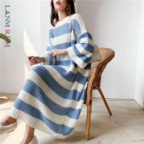 LANMREM Stripe Crew Neck Pullover Sweater Women 2022 autumn winter New Loose Large Size Vintage Long Knit Dress Female PC442 ► Photo 1/6