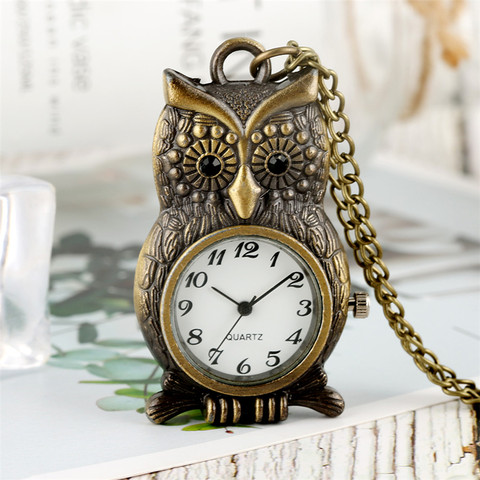 Bronze Owl Shape Pendant Watch Quartz Pocket Watch Retro Fob Sweater Chain Arabic Numerals Display Necklace Clock ► Photo 1/6