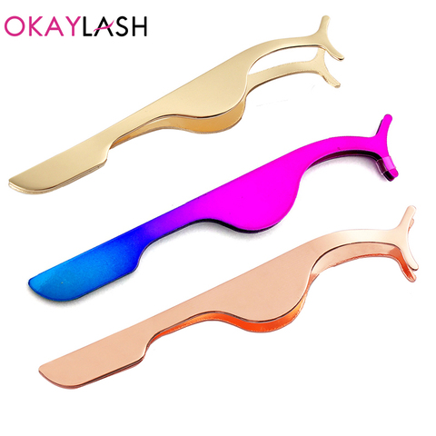 OKAYLASH Stainless Gold False Eyelash Tweezers Rose Gold Fake Eye Lash Extension Multi Color Applicator Clamp Private Label ► Photo 1/6