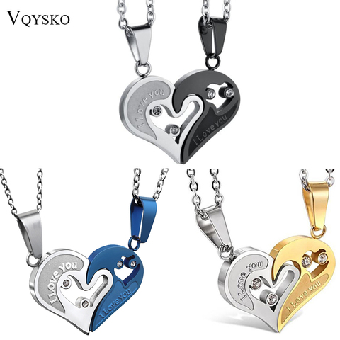 Two Colors Stainless Steel Mens Womens Couple Necklace Pendant Love Heart CZ Puzzle Matching ► Photo 1/6