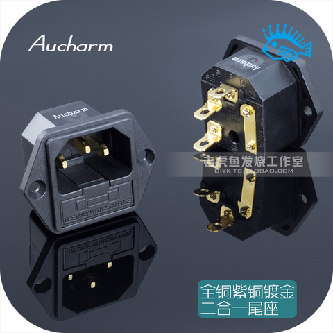 1pcs/5pcs Aucharm copper copper gold plated two-in-one power tailstock fever HIFI amplifier AC power socket with fuse holder ► Photo 1/3