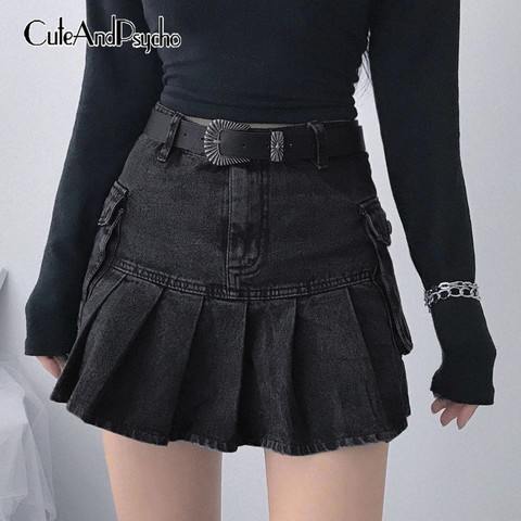 Vintage y2k Pleated Jeans Skirts Women Dark Academia Fashion Skirts Goth Black High Waist Skirt 90s Korean Pockets Cuteandpscho ► Photo 1/6