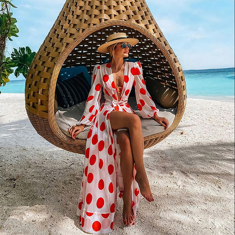 Beach Dress 2022 Bikini Cover Up Print Bathing Suit Women Kimono Plus Size Tunic Sexy Long Sleeve Swimwear Cover-Ups ► Photo 1/4