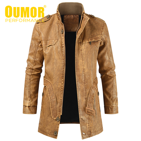 Oumor Men Winter New Casual Long Thick Fleece Leather Jacket Parkas Men Outfit Warm Vintage Pockets Faux Leather Jacket Coat Men ► Photo 1/6