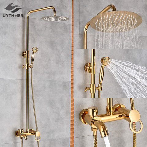 Gold Polish Bathroom Rain Shower Faucet Bath Shower Mixer Tap 8