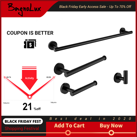 Towel Bar Wall Mounted Bathroom Accessories Kit Matt Black Toilet Paper Holder WC Hand Robe Hook Hanger Stainless Steel Round ► Photo 1/6