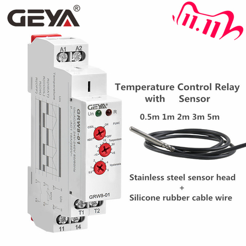 Free Shipping GEYA GRW8 Din Rail Temperature Control Relay 16A Wide Range Voltage  AC/DC24-240V with Waterproof Sensor ► Photo 1/6