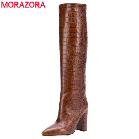 MORAZORA Plus size 34-43 New brand women boots thick high heels knee high boots pointed toe ladies shoes western boots female ► Photo 1/6