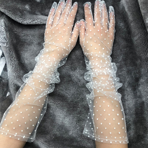 Fashion Dot Lace Long Gloves Female Elegant Stretch Tulle Mesh Semi Sheer Women Full Finger Mittens Bride Wedding Black Golves ► Photo 1/6