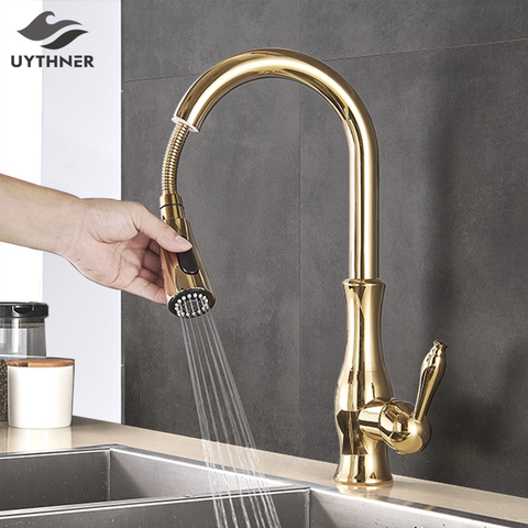 Uythner Gold Polish Swivel Spout Kitchen Sink Faucet Pull Down Sprayer Fashion Design Bathroom Kitchen Hot&Cold Water Mixer Tap ► Photo 1/6