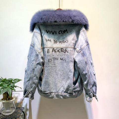 Winter Fashion Warm Natural Fox Fur Collar coats + Real Rabbit Hair Liner Denim Jacket Female beading Thick Real Fur Outwear F25 ► Photo 1/6