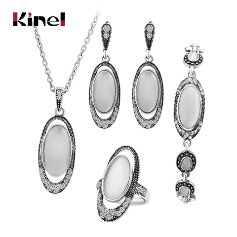 Hot 4Pcs/Sets Vintage Wedding Jewelry Set For Women Ancient Silver Color White Opal Ring Necklace Bracelet And Earring Best Gift ► Photo 1/6