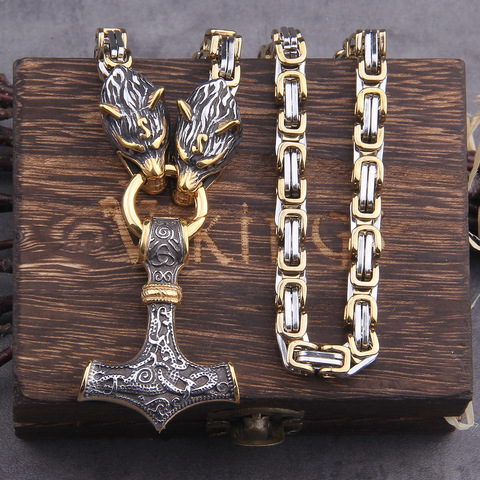 Never Fade Men stainless steel Wolf head norse viking amulet thor hammer pendant necklace viking king chain ► Photo 1/6