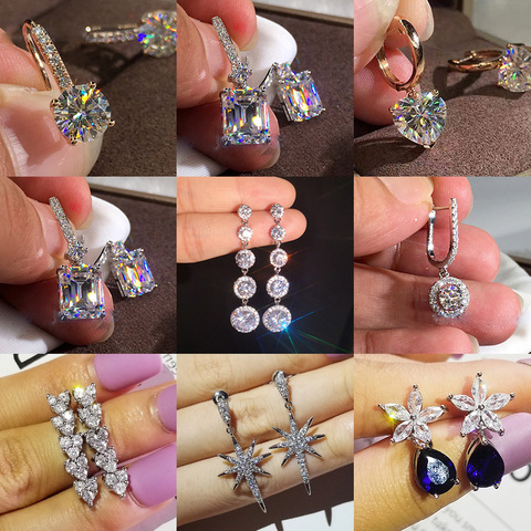 Fashion Luxury 925 Sterling Silver Zircon Drop Earing Dangle Earrings Long big for Women   Christmas Gift  Jewelry Z6 ► Photo 1/2