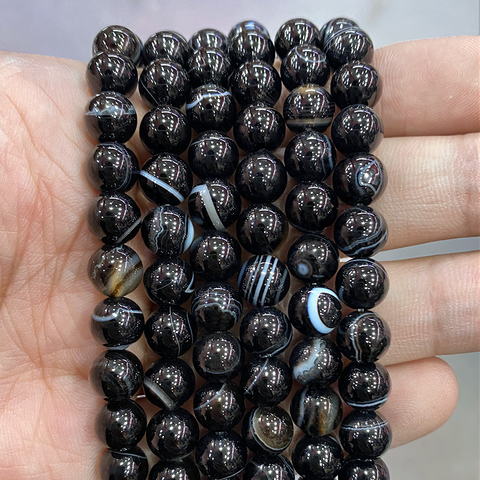 Natural Stone Banded Black Lace Agates Round Beads 15
