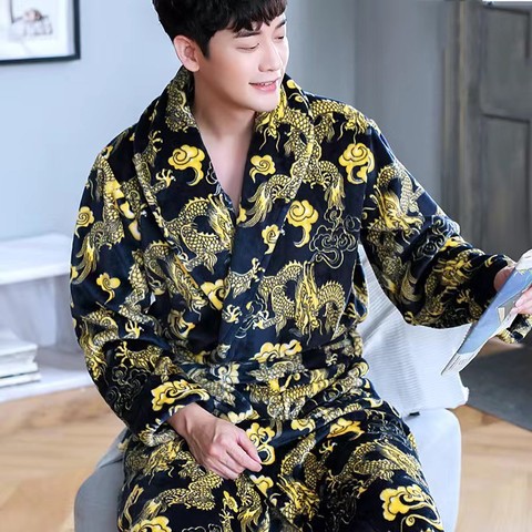 Flannel Dragon Crane Men Kimono Bathrobe Gown Casual Nightwear Winter Thick Warm Sleepwear Nightgown Plus Size Loose Homewear ► Photo 1/6