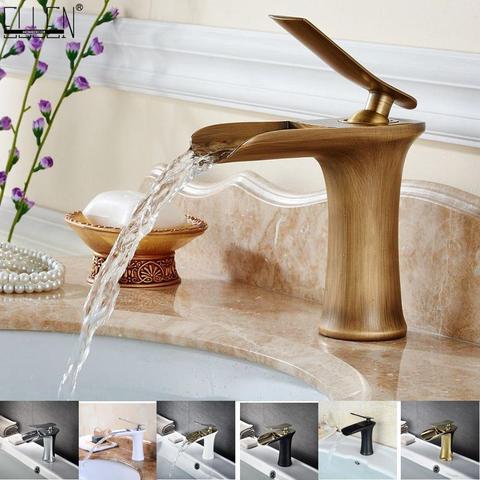 Waterfall Bathroom Basin Sink Faucets Hot Cold Tap Deck Mounted Water Mixer Crane Antique Bronze Chrome Finished ELM100 ► Photo 1/6