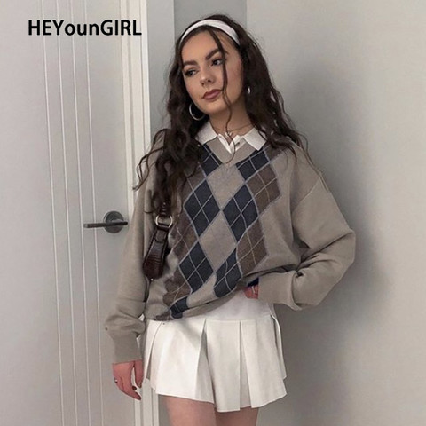 HEYounGIRL Preppy Style Vintage V Neck Sweater Women Autumn Casual Argyle Plaid Y2K Jumper Female Korean Fashion Pullover Winter ► Photo 1/6