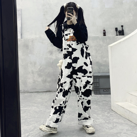 Street Hip-hop Harajuku Girl Cow Print Oneies For Women Black White Plaid Overalls Casual Jumpsuit Trousers Baggy Pants ► Photo 1/6