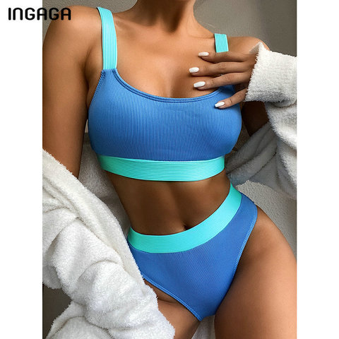 INGAGA High Waist Bikinis 2022 Swimsuits Bandeau Swimwear Women Splicing Biquini Beachwear Sports Ribbed Bathing Suits New ► Photo 1/6