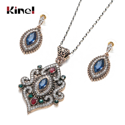 Kinel 2022 Hot Dubai Ethnic Necklace Drop Earring For Women Turkish Jewelry Sets Antique Gold Blue Stone Crystal Wedding Jewelry ► Photo 1/6