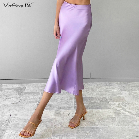 Mnealways18 Solid Purple Satin Silk Skirt Women High Waisted Summer Long Skirt New 2022 Elegant Ladies Office Skirts Midi Spring ► Photo 1/6