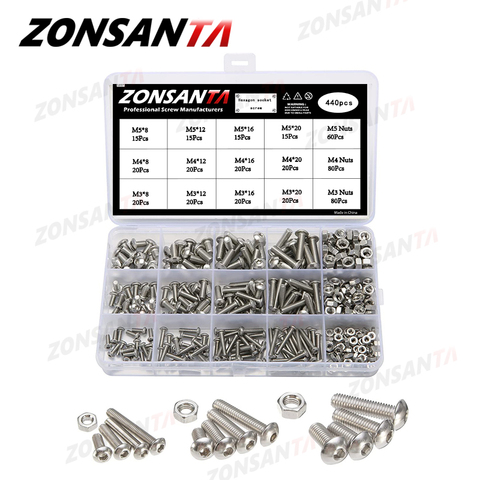 ZONSANTA 440pcs Bolts and Nuts Set M3 M4 M5 Stainless Steel Hex Socket Button Head Cap Screws Bolts Nuts Assortment Kit Screw ► Photo 1/6