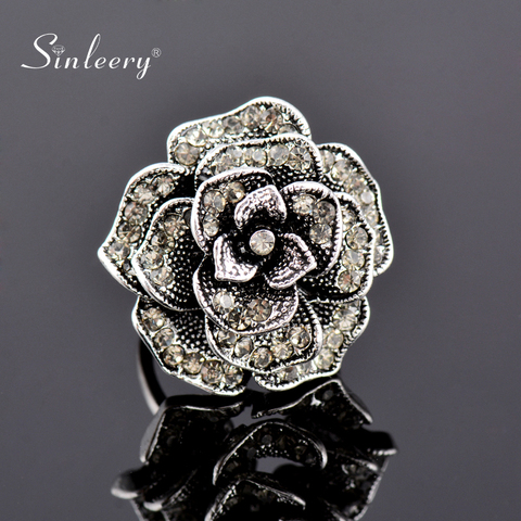 SINLEERY Vintage Big Flower Rings With Cubic Zirconia Antique Silver Color Women Wedding Jewelry Anel JZ194 SSH ► Photo 1/6