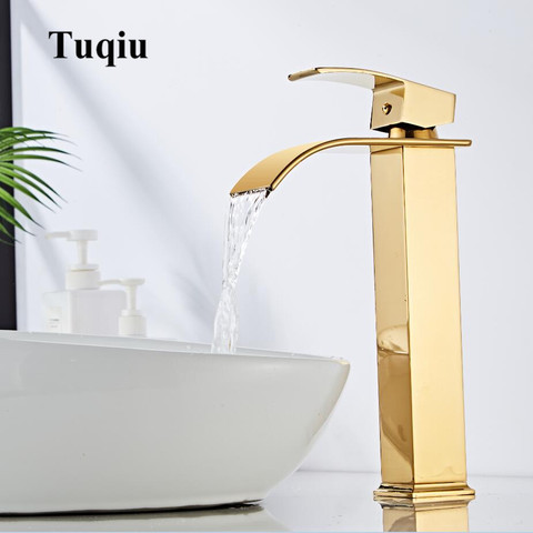 Tuqiu Basin Faucet Gold Waterfall Faucet Brass Bathroom Faucet Bathroom Basin Faucet Mixer Tap Hot and Cold Sink faucet ► Photo 1/6