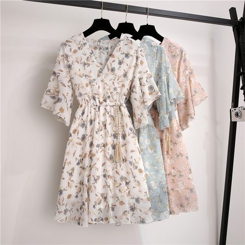 Spring Summer Chiffon Dress Women Knee Length V-Neck Print Dresses Sweet Ruffle Sleeeve Slim New Casual Drawstring Women Dress ► Photo 1/6