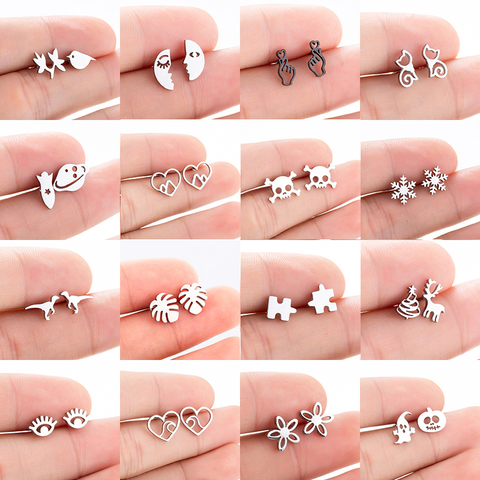 Hfarich Stainless Steel Earrings for Women Gold Color Eye Moon Puzzle Dinosaur Snowflake Flower Skull Earings Mini Studs Gift ► Photo 1/6