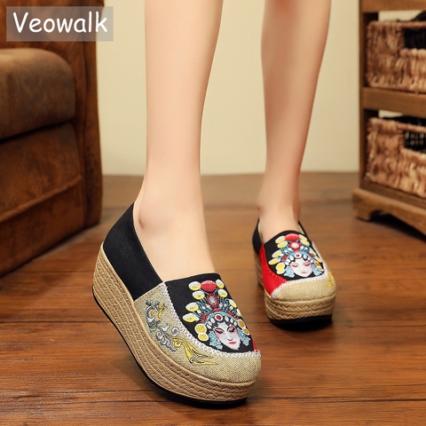 Veowalk Face Embroidered Women Canvas 5cm Flat Platform Vintage Handmade Linen Cotton Slip-on Sneakers Ladies Thick Bottom Shoes ► Photo 1/6