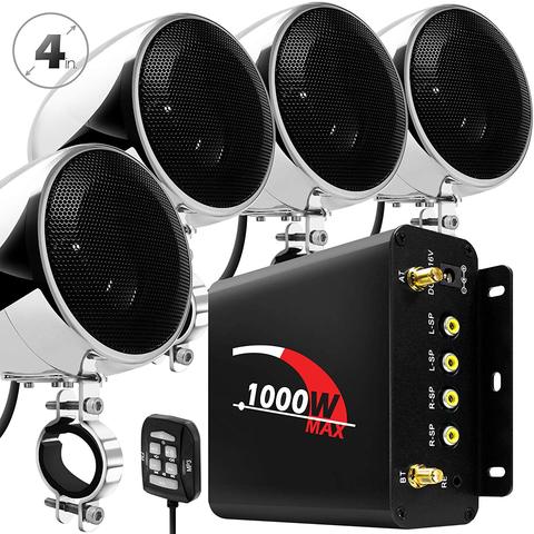 Aileap 1000W Motorcycle Audio 4 Channel Amplifier Speakers System, Support Bluetooth, AUX, FM Radio, SD Card, USB Stick (Chrome) ► Photo 1/6