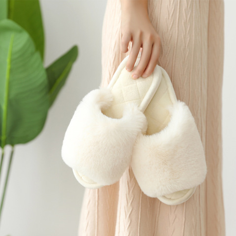 Winter House Chic Women's Faux Fur Slippers Fuzzy Flat Fluffy Open Toe Ladies Shoes Indoor Slip on Memory Foam Bedroom Slides ► Photo 1/6
