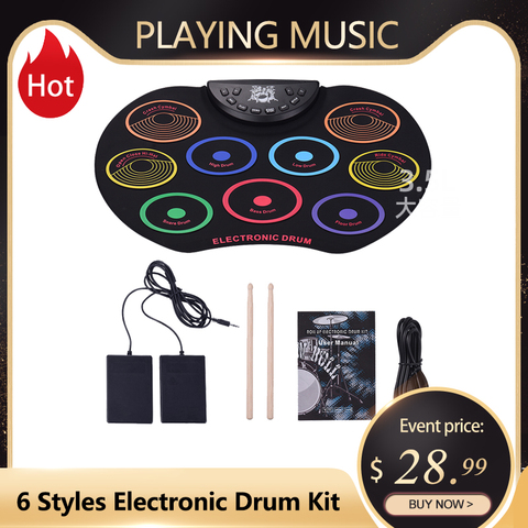 Portable Size Electronic Drum Kit 9 Silicon Drum Pads Roll-Up Drum Set USB/Battery Powered with Drumsticks Foot Pedal percussion ► Photo 1/6