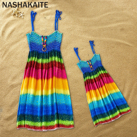 NASHAKAITE Mommy and me clothes Rainbow Sling Dress Bohemia Beach Mother daughter dresses Family Look Contains necklace Gift ► Photo 1/6