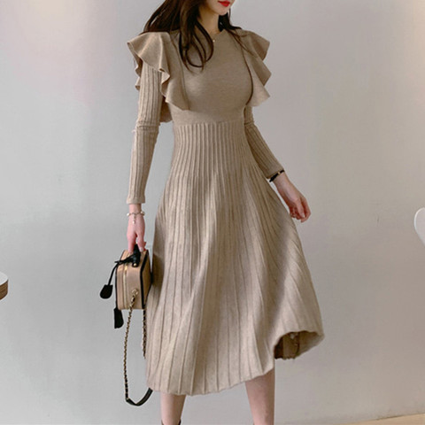 SMTHMA 2022 New Winter Vintage Elegant O-Neck Female Thicken Knit Long Dress Slim Full Sleeve Ruffles  Women Sweater Vestidos ► Photo 1/6