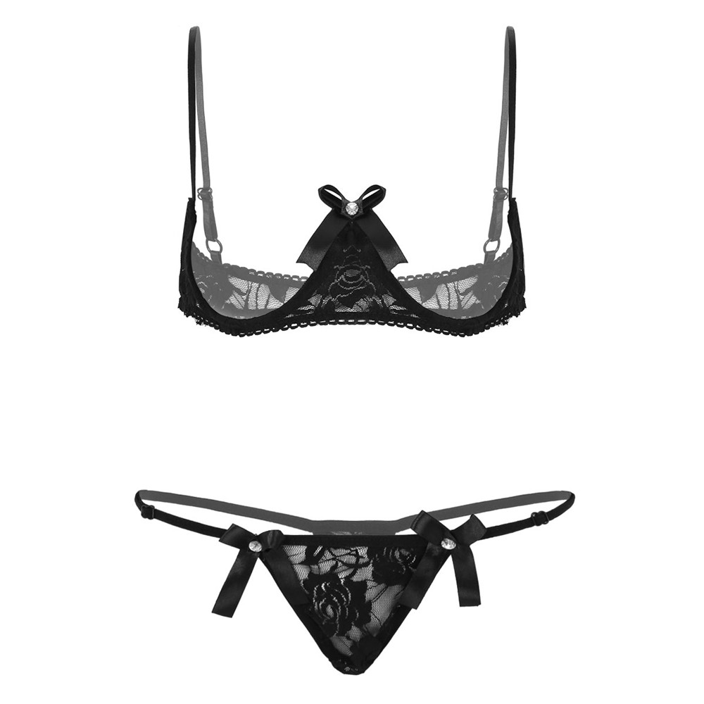 Tiaobug Women Sheer Lace Hot Sexy Lingerie Set Exposed Breasts Open Cups Underwired Push Up Bra