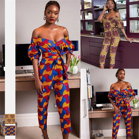 African Dresses for Women 2022 Fashion Pants Dashiki Print  Shoulder Off Ankara Jumpsuit Trousers Robe Africaine Novelty Clothes ► Photo 1/6