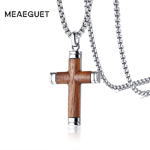 Vintage Necklace For Men Punk Rock Rosewood Crucifix Cross Pendant Stainless Steel Chains Male Collares Collier Gifts 24