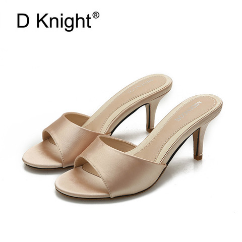 Summer Fashion Slides Comfortable Satin Slippers Women Shoes Sexy Peep Toe High Heel Mules Dress Pumps Shoe Woman Big Size 34-43 ► Photo 1/6