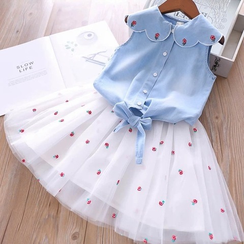 2022 Summer Girls' Clothing Sets Denim Flower Embroidered Lapel Top+Net Yarn Skirt 2PCS Suit Princess Baby Kids Children Clothes ► Photo 1/6