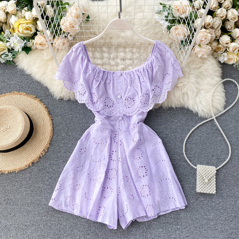 SINGRAIN Sexy Slash Neck Women Jumpsuits 2022 New Sweet Ruffles Hollow Solid Rompers Summer Fashion Wide Leg Short Rompers ► Photo 1/6